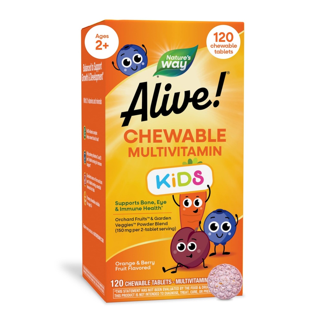Nature's Way Alive! Children’s Chewable Multivitamin, Kids Multivitamin with Orchard Fruits and Garden Veggies Powder Blend, Daily Kids Vitamins for Nutritional Support Cherry Flavor, 120 Tablets