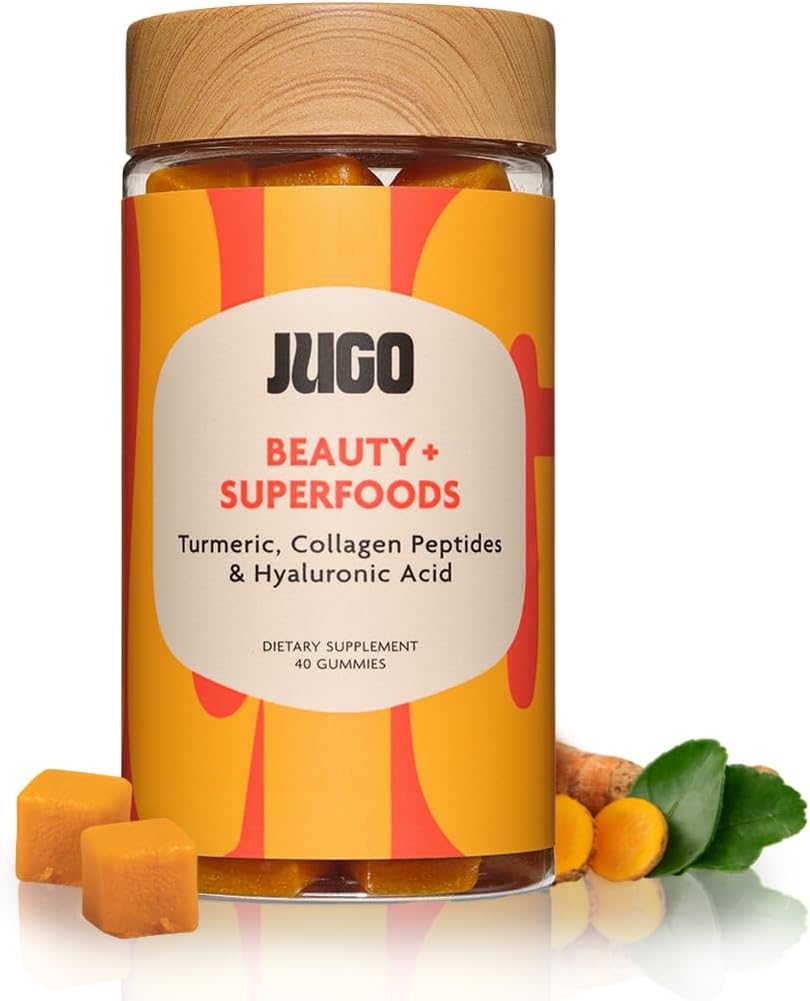 JUGO Beauty + SUPERFOODS | Hair Skin Nails Supplement with Hyaluronic Acid & Turmeric | 40 Count Plant-Based Gummies | Gelatin-Free, Non- GMO, Made in USA