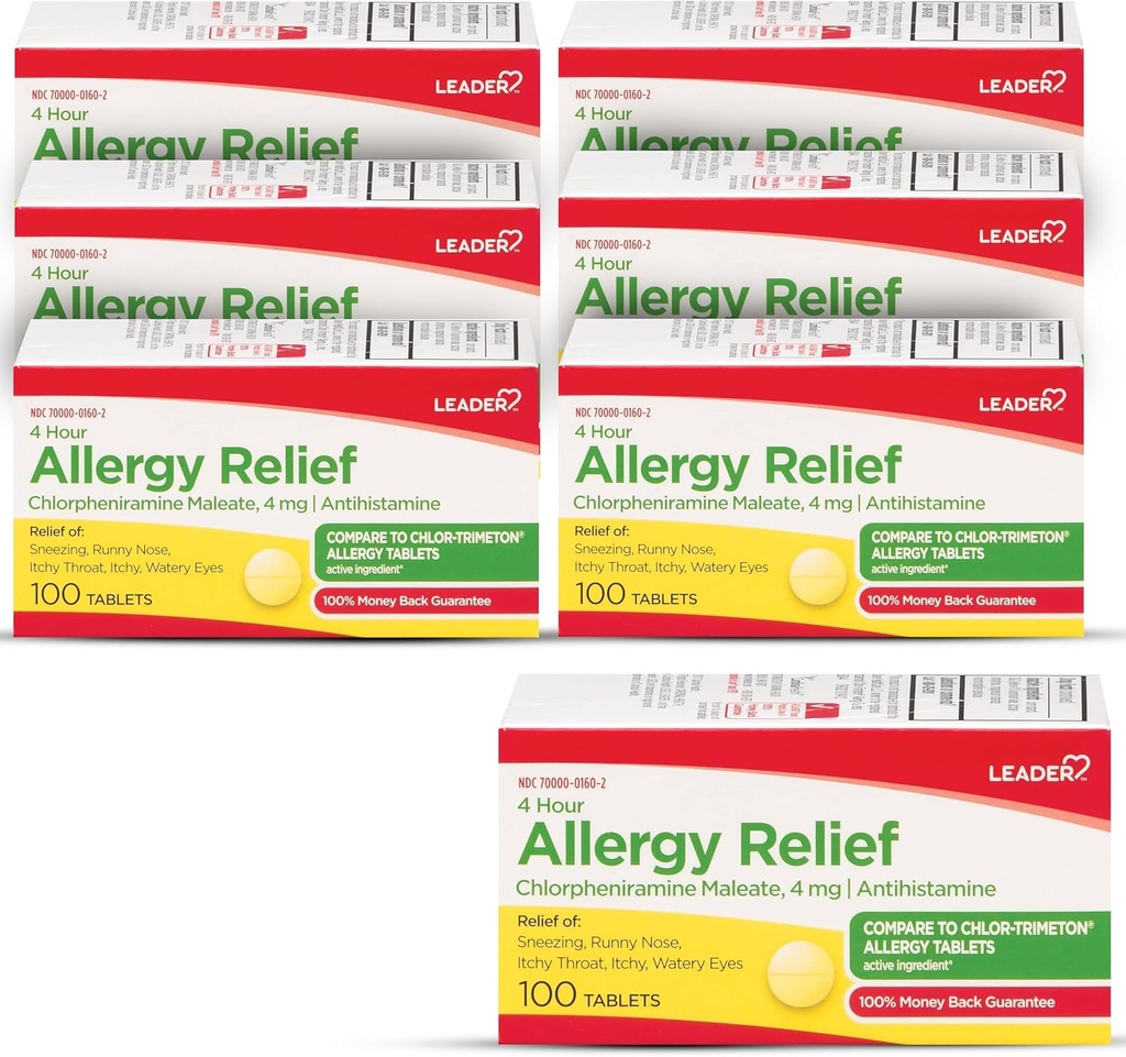 Leader 4 Hour Allergy Relief, Chlorpheniramine Maleate Tablets, Αντιισταμινικό, 4 mg, 100 Count (Pack of 6)