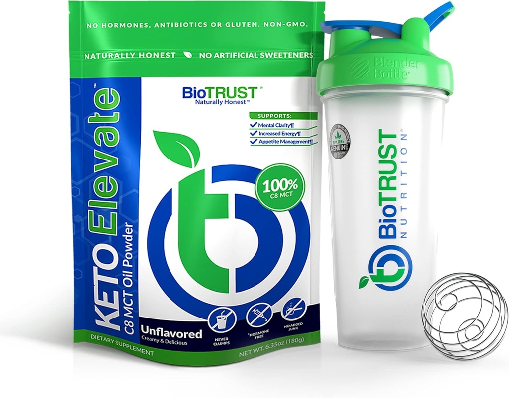 BioTrust Keto Αυξήστε την καθαρή σκόνη πετρελαίου C8 MCT (μη αρωματισμένη) BlenderBottle Bundle