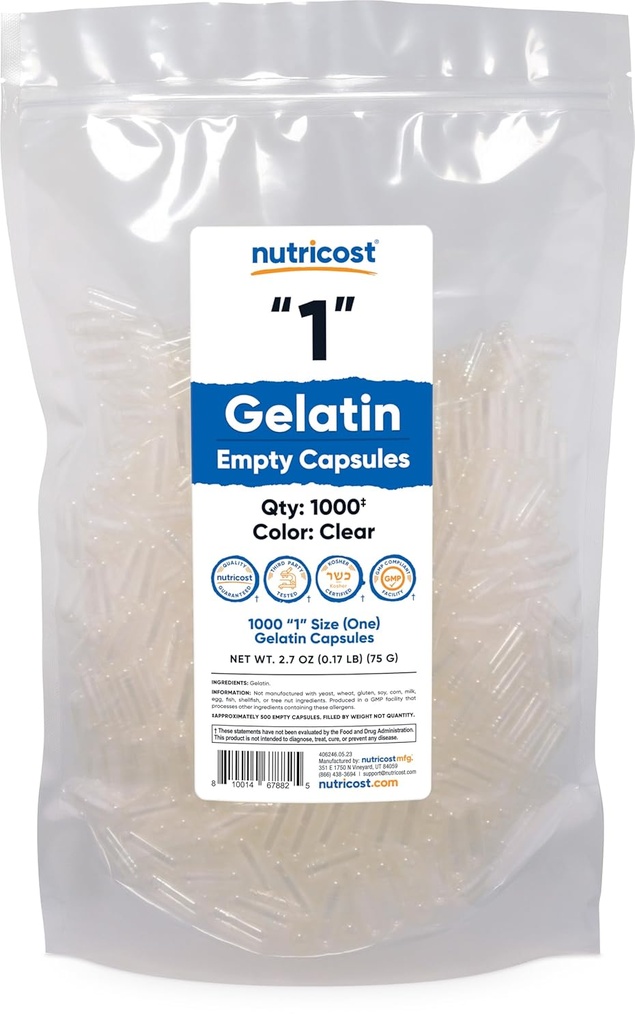 Άδειες κάψουλες Nutricost Ζελατίνη Μέγεθος 1-1000 Καθαρίστε Κενές κάψουλες '1' - Kosher, Μη ΓΤΟ, Χωρίς σόγια, Χωρίς γλουτένη
