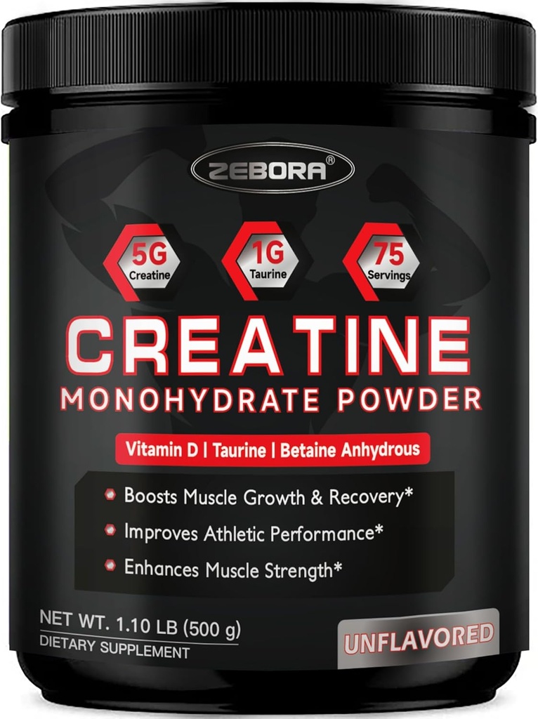 ZEBORA Micronized Creatine Monohydrate Powder, Creatine Monohydrate for Women-Men, Βοηθά την αποκατάσταση των μυών, ενισχύει το μέγεθος των μυών & τη δύναμη με 5G Creatine και 1G Taurine