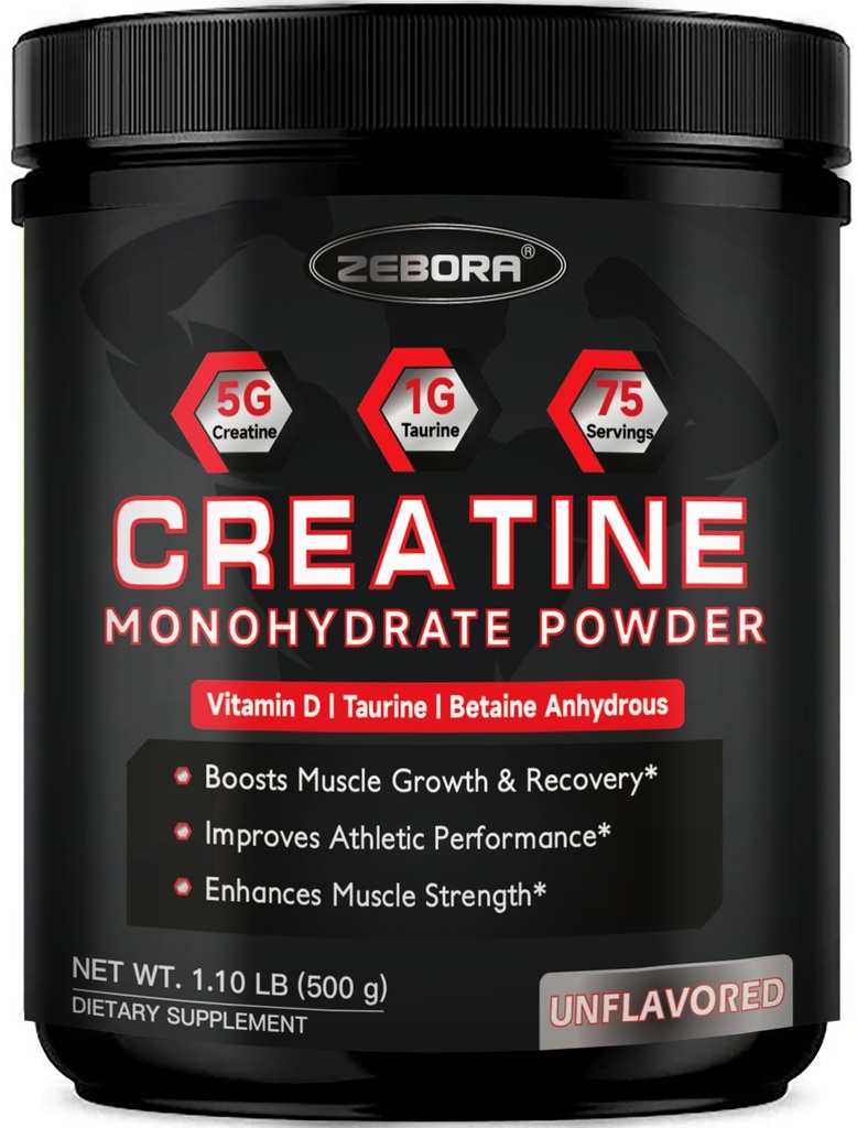 ZEBORA Micronized Creatine Monohydrate Powder, Creatine Monohydrate for Women-Men, Βοηθά την αποκατάσταση των μυών, ενισχύει το μέγεθος των μυών & τη δύναμη με 5G Creatine και 1G Taurine