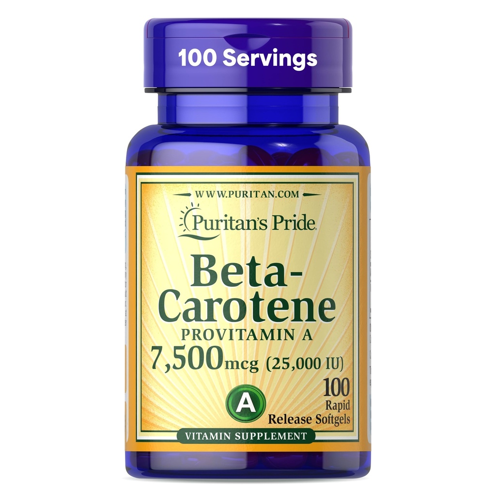 Puritan's Pride Beta Carotene Provitamin A 7.500mcg (25.000 IU), συμπλήρωμα βιταμίνης για το ανοσοποιητικό σύστημα, αντιοξειδωτικό και υποστήριξη για την υγεία των ματιών, παροχή 100 ημερών, 100 Softgels ταχείας απελευθέρωσης