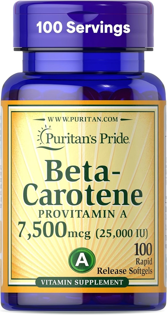 Puritan's Pride Beta Carotene Provitamin A 7.500mcg (25.000 IU), συμπλήρωμα βιταμίνης για το ανοσοποιητικό σύστημα, αντιοξειδωτικό και υποστήριξη για την υγεία των ματιών, παροχή 100 ημερών, 100 Softgels ταχείας απελευθέρωσης