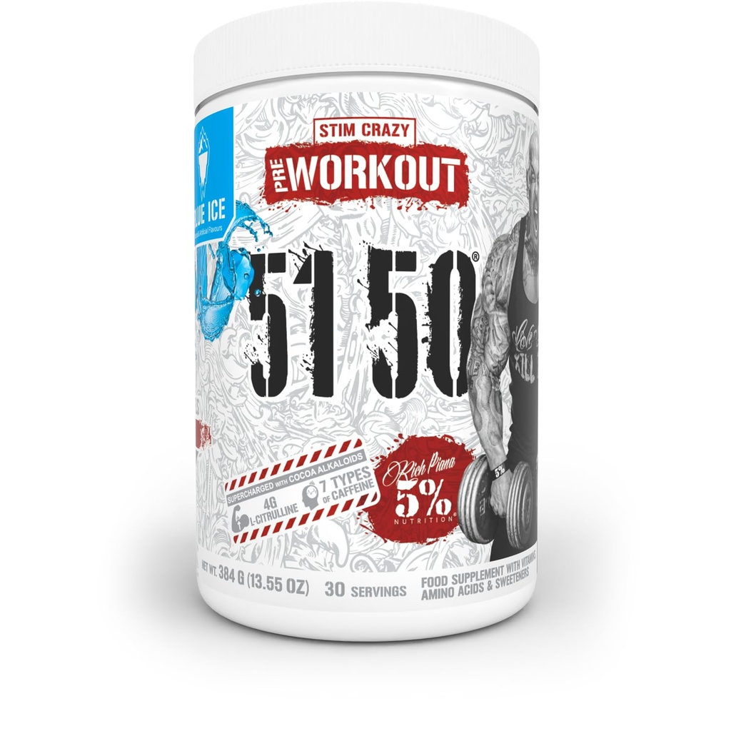 5% Nutrition Rich Piana 5150 High Stim Pre-Workout Powder | Extreme Energy, Focus, Pumps & Endurance | 400 mg Caffeine, Citrulline, Beta Alanine, N-Acetyl L-Tyrosine | 30 Srvgs (Blue Ice)