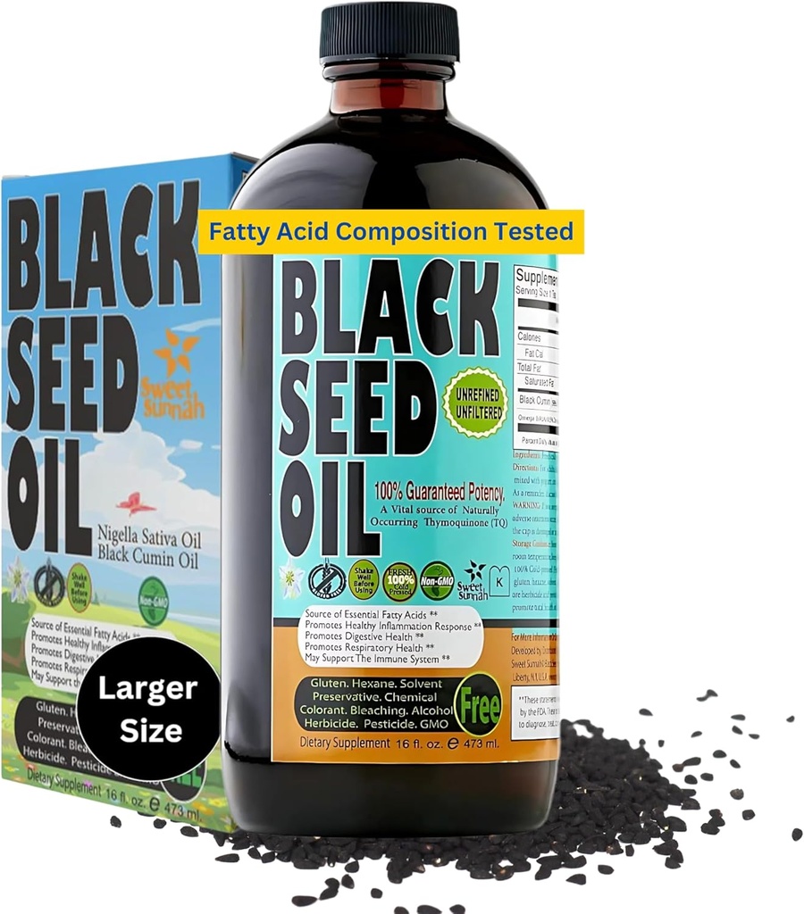 Premium Black Seed Oil Liquid 16 oz - Ζάχαρη Δωρεάν 3 Μήνες Προμήθεια Αντιοξειδωτικό Τουρκικό Μαύρο Cumin Seed Oil - 3X Thymoquinone First Cold Press Vegan, Hahal, Sweet Sunnah