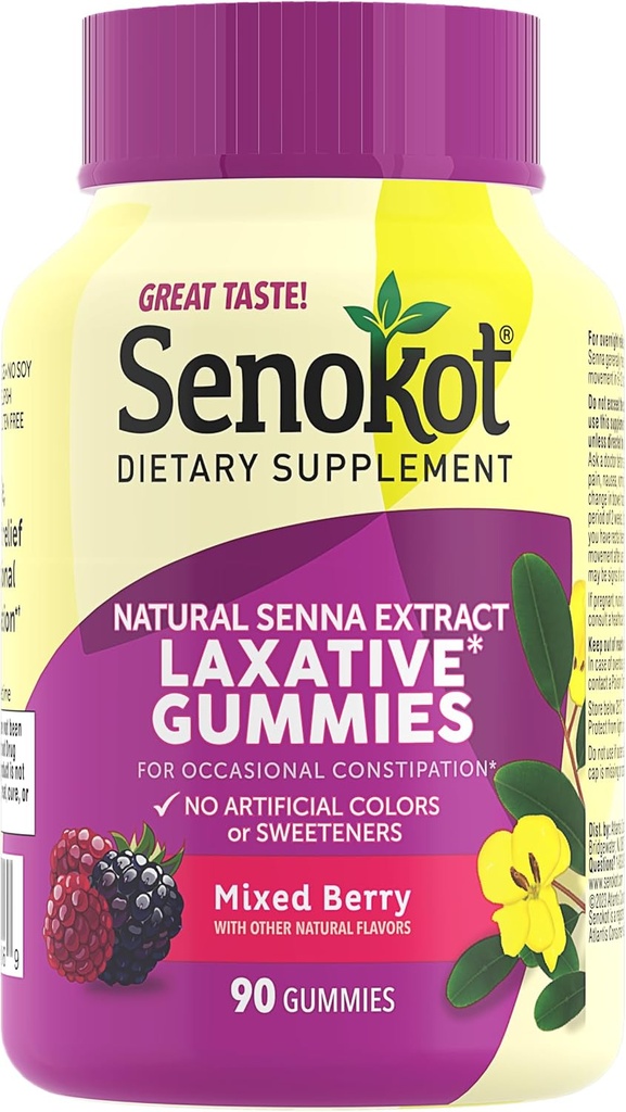 Senokot συμπλήρωμα διατροφής Laxative Gummies, φυσικό εκχύλισμα Senna, απαλό, Διανυκτέρευση Ανακούφιση από περιστασιακή δυσκοιλιότητα, μικτή γεύση μούρου, 90 κόμης