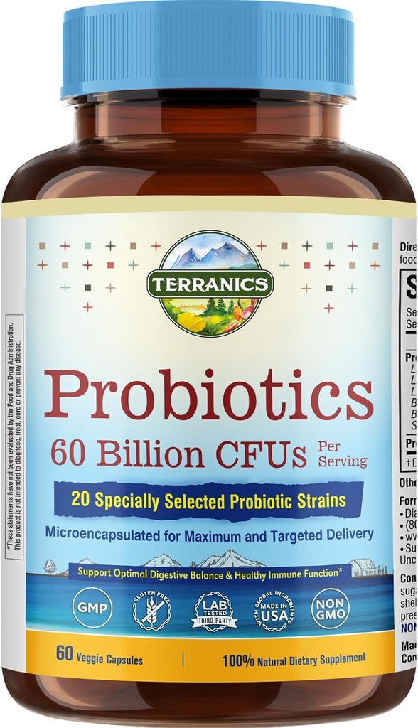 Terranics Probiotics 60 Billion CFU, 20 Strains, 60 Veg Κάψουλες, Πρεβιοτικά & Προβιοτικά, Ράφι Σταθερό Probiotic συμπλήρωμα για άνδρες & γυναίκες, Digestive & Ανοσοποιητική Υγεία, Μη-ΓΤΟ, ΟΧΙ Σόγια, Γαλακτοκομικά & Γλουτένη