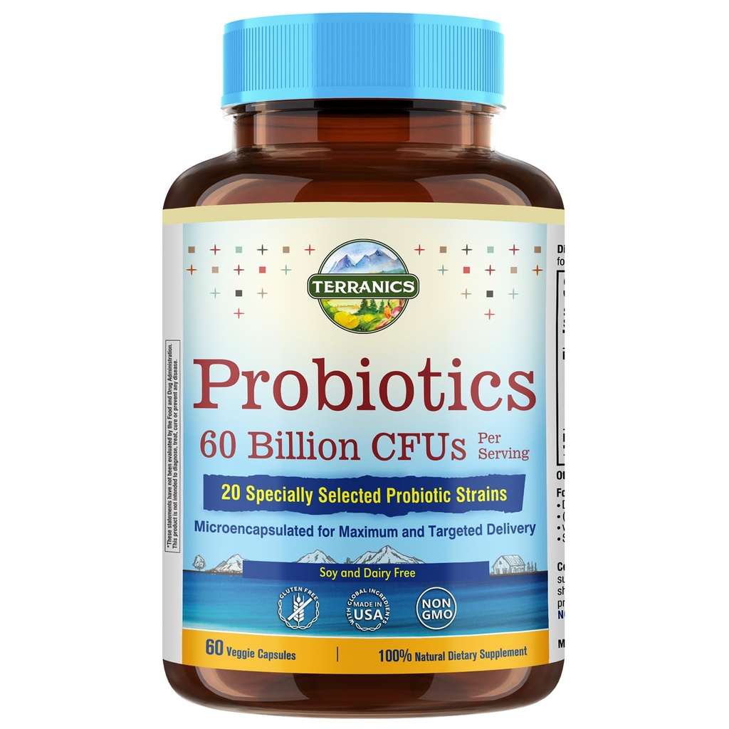 Terranics Probiotics 60 Billion CFU, 20 Strains, 60 Veg Κάψουλες, Πρεβιοτικά & Προβιοτικά, Ράφι Σταθερό Probiotic συμπλήρωμα για άνδρες & γυναίκες, Digestive & Ανοσοποιητική Υγεία, Μη-ΓΤΟ, ΟΧΙ Σόγια, Γαλακτοκομικά & Γλουτένη