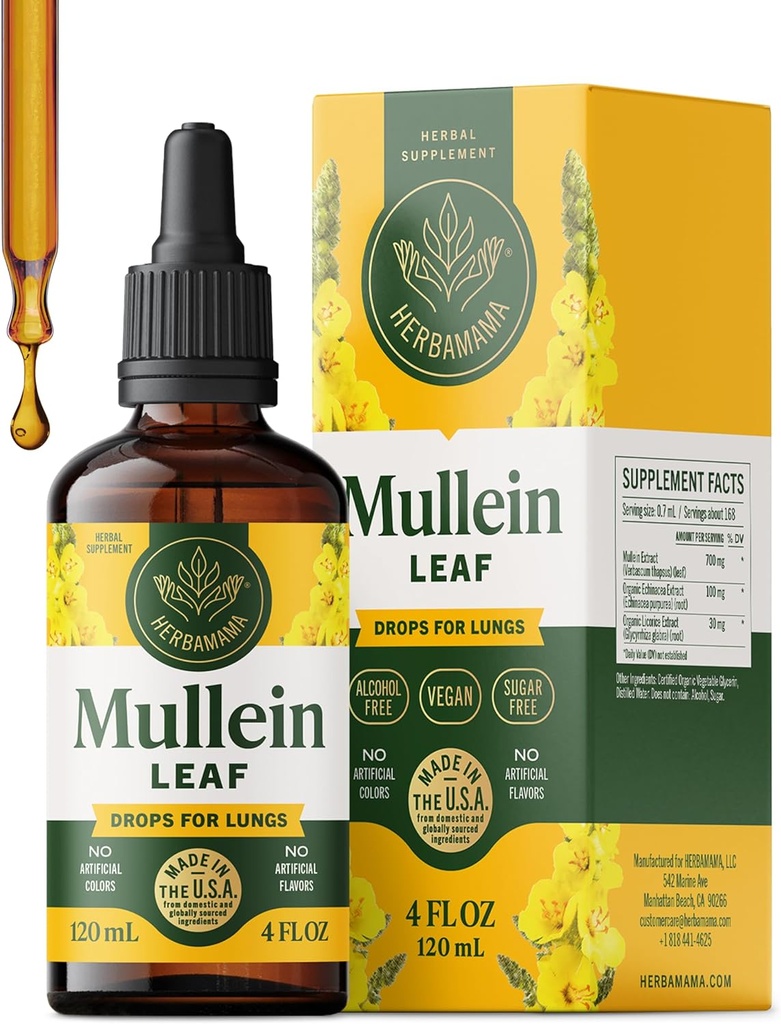 HERBAMAMA Mullein Drops for Lungs - Vegan Lung Cleanse with Mullein Leaf Extract, Echinacea Tincture & Licorice - Μη ΓΤΟ, Αλκοόλ & Χωρίς ζάχαρη Συμπλήρωμα αναπνευστικής υποστήριξης - 56-Ημέρα προσφοράς