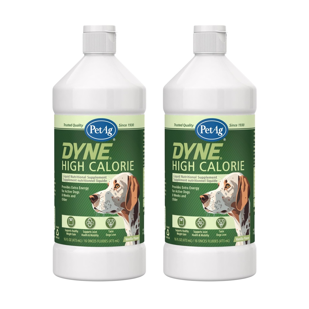 PetAg Dyne High Calorie Liquid Nutritional Supplement for Dogs & Puppies 8 Εβδομάδες και Ηλικιωμένοι - 16 oz, πακέτο των 2 - Υποστηρίζει την απόδοση και την αντοχή - γλυκιά βανίλια γεύση