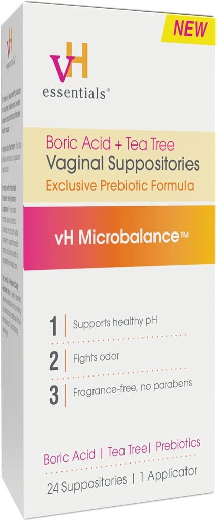 vH essentials Βορικό Οξύ και Τεϊόδεντρο Κολπικές Υποθεσίες - Πρεβιοτική Φόρμουλα με Γαλακτικό Οξύ - PH Ισορροπία, Odor Control, Γυναικείο Φροντίδα - 24 Υποθεσίες και Applicator, Λευκό, 2.4 Ουγγιά