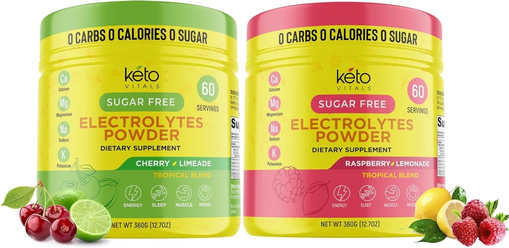 Keto Vitals Cherry Limeade Bundle with Raspberry Lemonade - 2 Pack Bundle Keto Electrolytes Powder - Electrolytes with Potassium, Magnesium, Sodium, Calcium - Cherry Limeade & Raspberry Lemonade