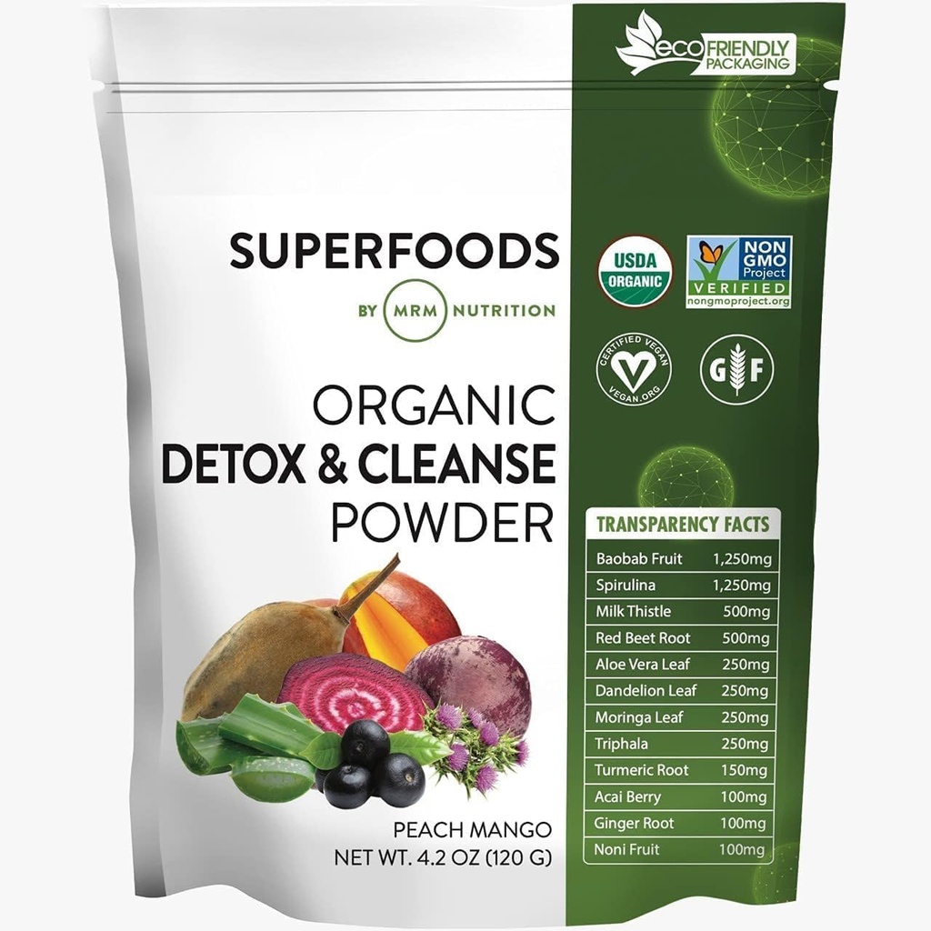 MRM Organic Detox and Cleanse Powder - For Women & Men - Daily Drink Mix with Superfoods, Antioxidants, Chlorophyll, Phycocyanin, Vegan, Organic, Gluten-Free, Peach Mango Flavor - 15 Servings
