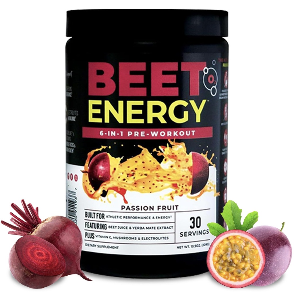 Nutrology Beet Energy O2 Pre Workout Beet Juice Powder - Boost Energy, Endurance & Nitric Oxide with Beet Powder Yerba Mate Adaptogens & Electrolytes - Passion Fruit Flavor, 30 Servings