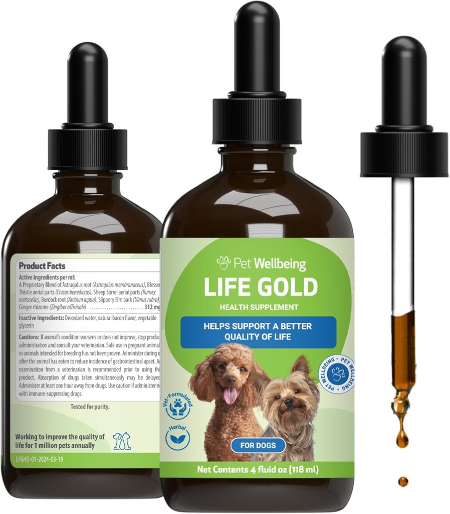 Pet Wellbeing Life Gold for Dogs - Υποστηρίζει την αποτοξίνωση, την υγεία του ανοσοποιητικού συστήματος, αντιοξειδωτικά - Vet-Formulated βοτανικό συμπλήρωμα – 4 oz (118 ml)