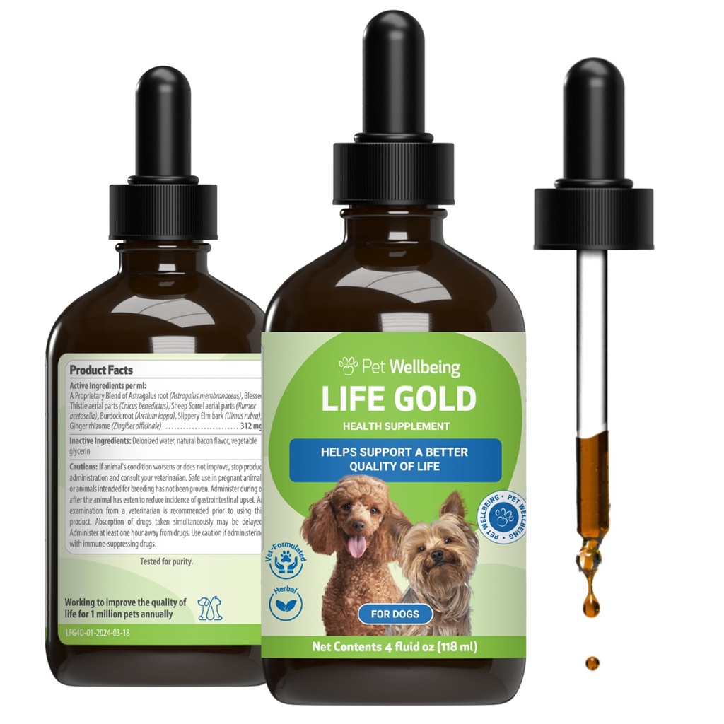 Pet Wellbeing Life Gold for Dogs - Υποστηρίζει την αποτοξίνωση, την υγεία του ανοσοποιητικού συστήματος, αντιοξειδωτικά - Vet-Formulated βοτανικό συμπλήρωμα – 4 oz (118 ml)