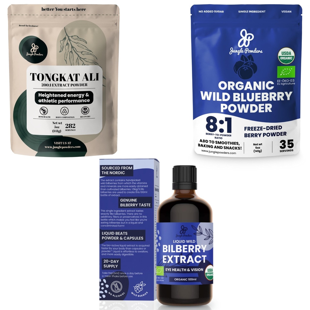 Ζούγκλα Σκόνη Ultimate Ανδρική Υγεία & Ευεξία Bundle: 5oz Tongkat Ali Powder, 5oz Wild Blueberry Powder & 3.4oz Βιολογικό Bilberry Liquid Extract - Premium Συμπληρώματα για Drive, Πάθος, Ματιές