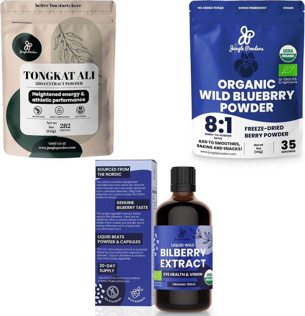 Ζούγκλα Σκόνη Ultimate Ανδρική Υγεία & Ευεξία Bundle: 5oz Tongkat Ali Powder, 5oz Wild Blueberry Powder & 3.4oz Βιολογικό Bilberry Liquid Extract - Premium Συμπληρώματα για Drive, Πάθος, Ματιές