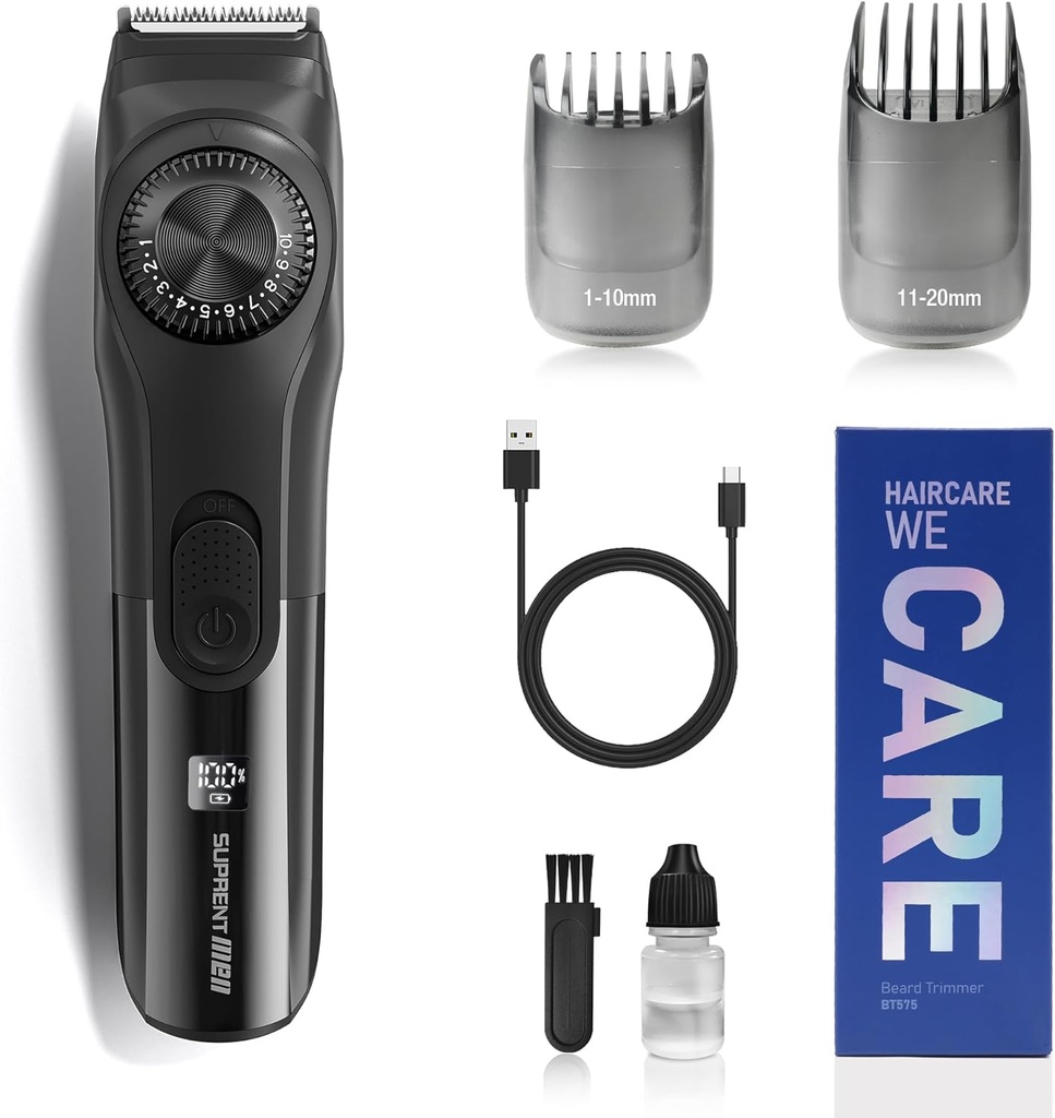 SUPRENT Ρυθμιζόμενος μύλος για άνδρες, Cordless Electric Beard Trimmer με καντράν ακριβείας, USB Επαναφορτιζόμενο 19 Μήκος Settings Mustache Trimmer για ανδρικά δώρα (μαύρο)