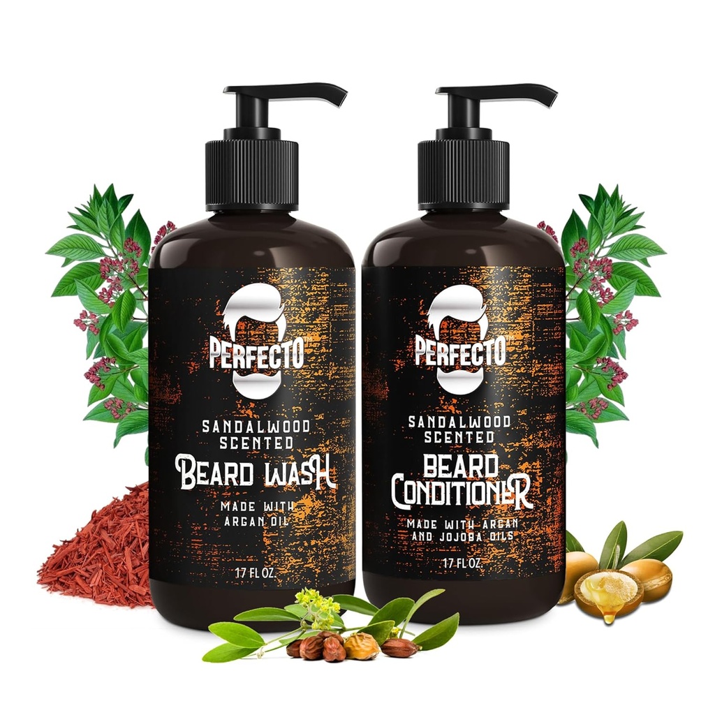 Perfecto Beard Wash & Beard Conditioner Set with Argan and Jojoba Oils - Ενισχύει και μαλακώνει - Natural Sandalwood Slead