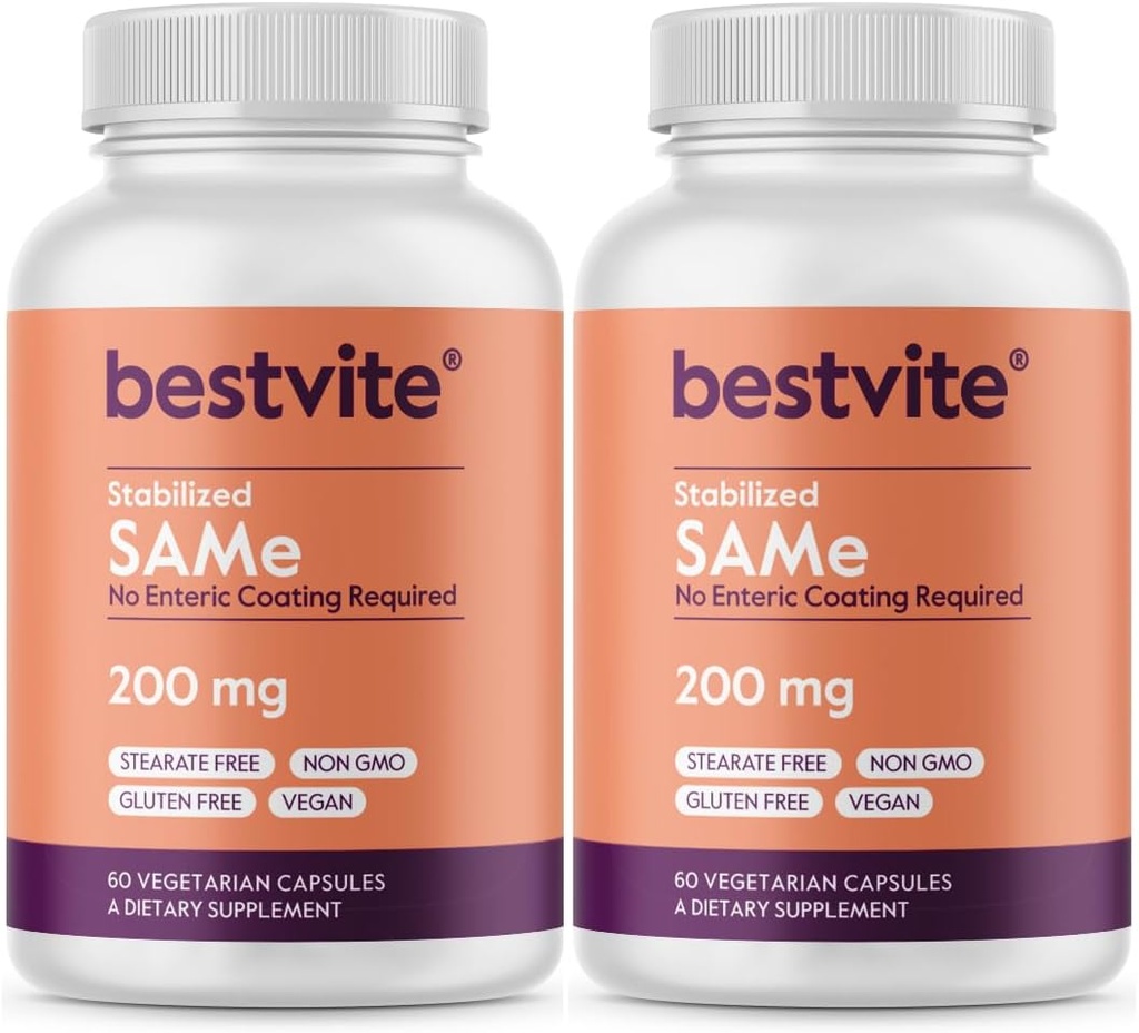 BESTVITE SAM-e 200mg Σταθεροποιημένο (120 κάψουλες χορτοφάγων) (60 x 2) - Εύκολο στην κατάποση μορφή καψακίου - Δεν χρειάζεται Enteric Coat - Δεν υπάρχουν Stearates - Δεν πληρώνονται - Vegan - Μη ΓΤΟ - Χωρίς γλουτένη