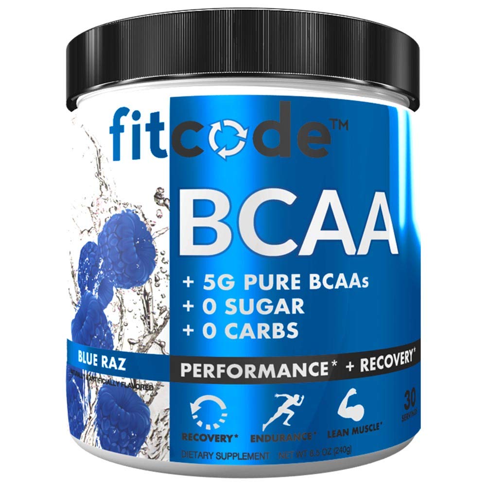 Fitcode Ultra Premium BCAAs με 5G καθαρό BCAAs με αποδεδειγμένη 2:1:1 αναλογία των αμινοξέων για να βοηθήσει μετά την αποκατάσταση προπόνησης, Lean μυϊκή ανάπτυξη, αντοχή, 30 υπηρεσίες (μπλε Raz)