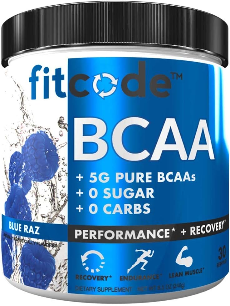 Fitcode Ultra Premium BCAAs με 5G καθαρό BCAAs με αποδεδειγμένη 2:1:1 αναλογία των αμινοξέων για να βοηθήσει μετά την αποκατάσταση προπόνησης, Lean μυϊκή ανάπτυξη, αντοχή, 30 υπηρεσίες (μπλε Raz)