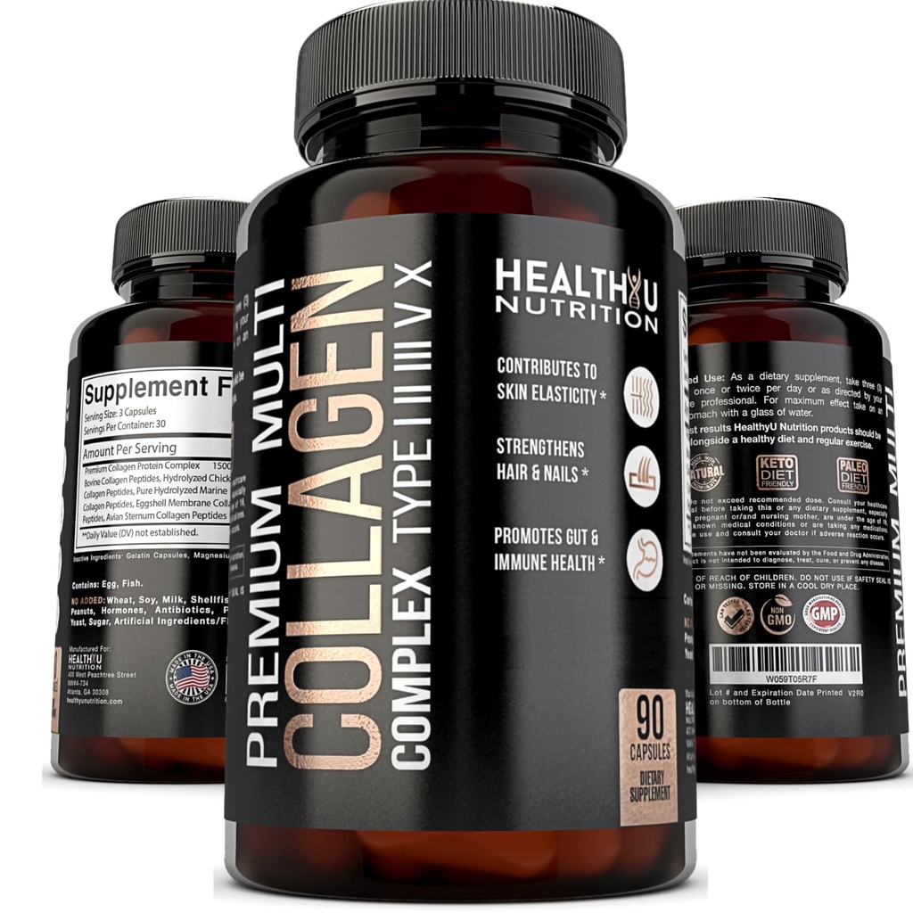 Premium Multi Collagen Peptides Pills - Υδρολυμένες κάψουλες κολλαγόνου για άνδρες και γυναίκες Τύποι 1 2 3 5 10 - Συμπληρώματα κολλαγόνου για άνδρες - Colageno Hidrolizado Pastillas para Hombre Mujer 90 caps