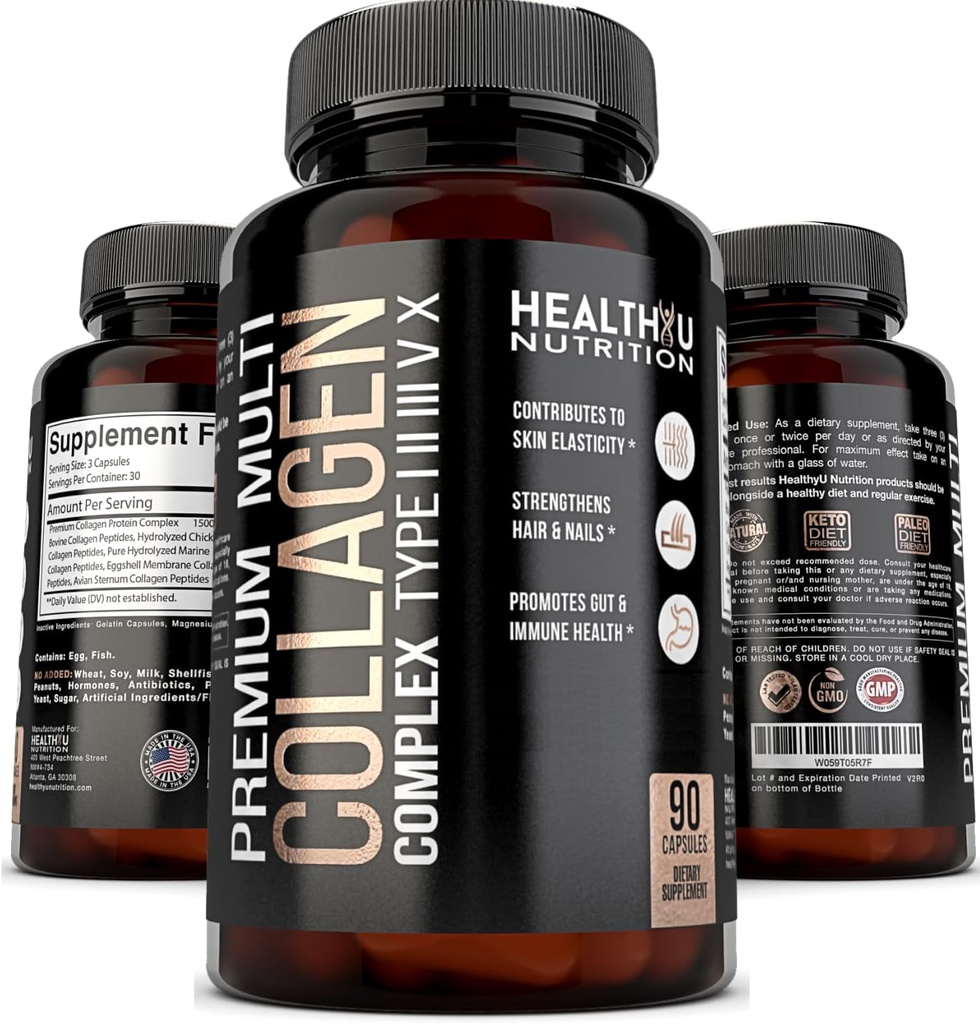Premium Multi Collagen Peptides Pills - Υδρολυμένες κάψουλες κολλαγόνου για άνδρες και γυναίκες Τύποι 1 2 3 5 10 - Συμπληρώματα κολλαγόνου για άνδρες - Colageno Hidrolizado Pastillas para Hombre Mujer 90 caps