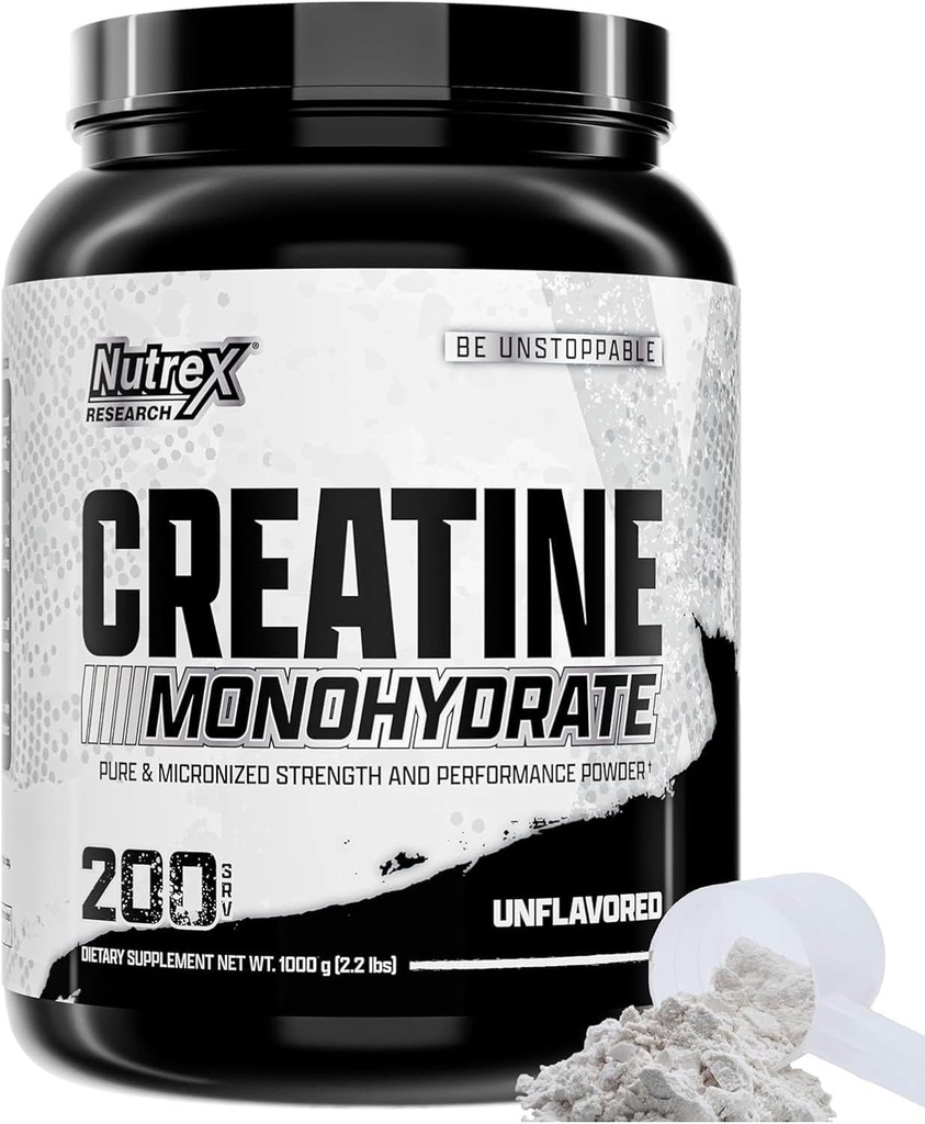 Nutrex Research Micronized Creatine Monohydrate Powder - 200 Servings (1KG) Καθαρή, χωρίς άρωμα Creatine Monohydrate Supplement for Muscle Gain, Strength and Performance, 5G Per Serv (2,2lbs)