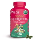 Zena Nutrition Organic Super Greens Fruit & Veggies Συμπλήρωμα, 70+ Superfoods από Φρούτα & Λαχανικά, 3g Fiber, Spirulina, Chlorella, Prebiotics & Probiotics, Digestive Enzymes, 180 Κάψουλες