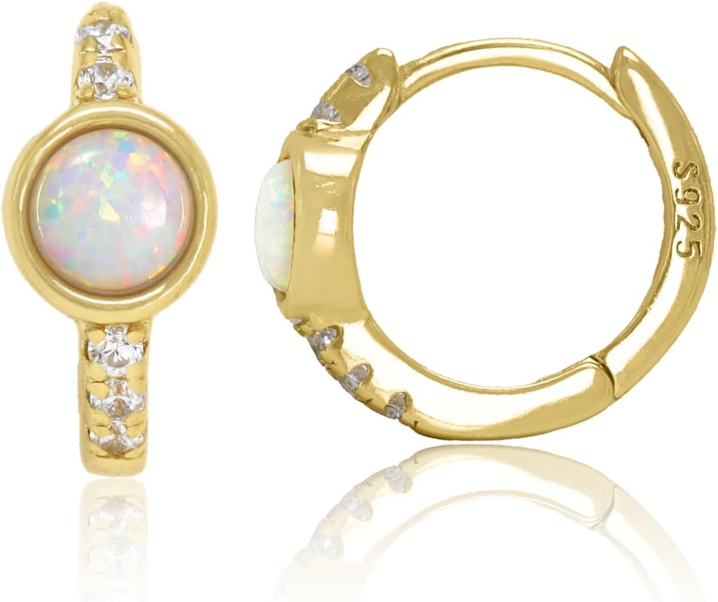 14K Gold Plated 925 Sterling Silver Δημιουργημένο λευκό Opal Huggie Hoop Σκουλαρίκια