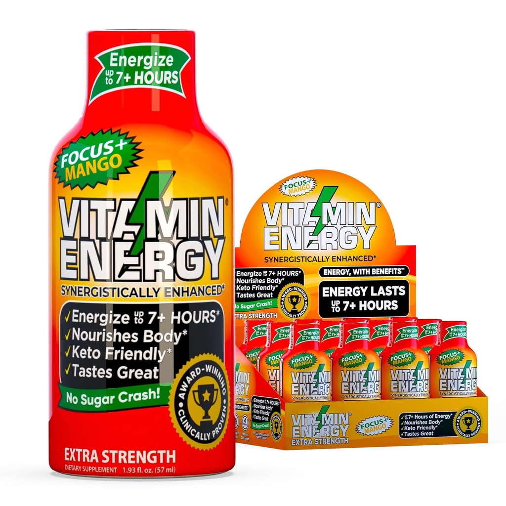 Vitamin Energy Focus+ Extra Strength Energy Shot Mango 12 Pack, 260mg Natural Caffeine, B-Vitamins, CoQ10, Amino Acids, Focus, Productivity & Clarity, Zero Sugar, Gluten-Free, 1.93 fl oz