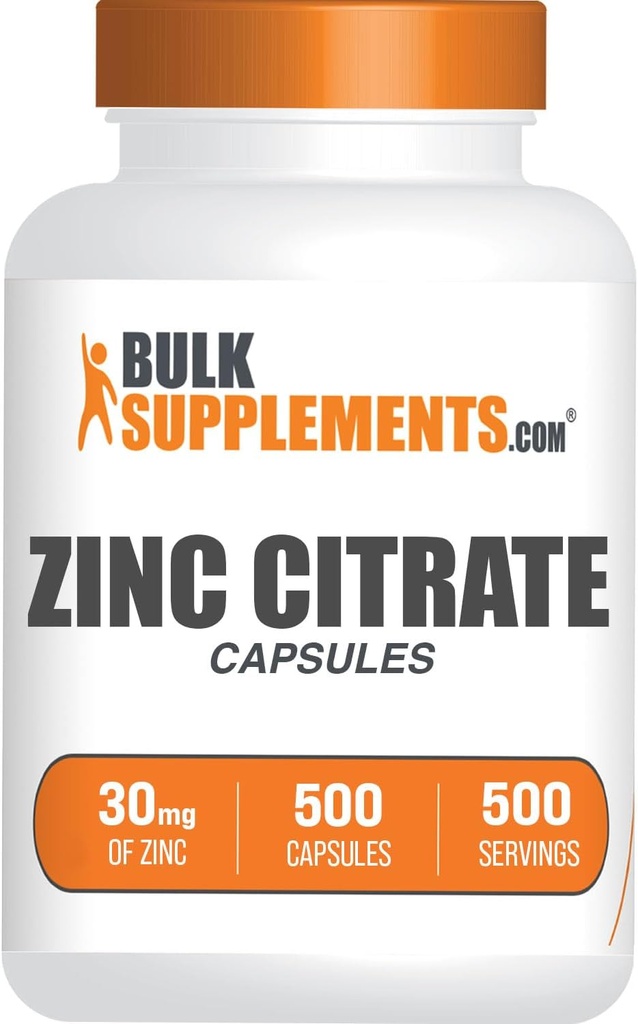 BulkSupplements.com Zinc Citrate Capsules - Zinc Supplements, Gluten Free - 30mg per Serving, 1 Capsule per Serving, 500 Count (Pack of 1)