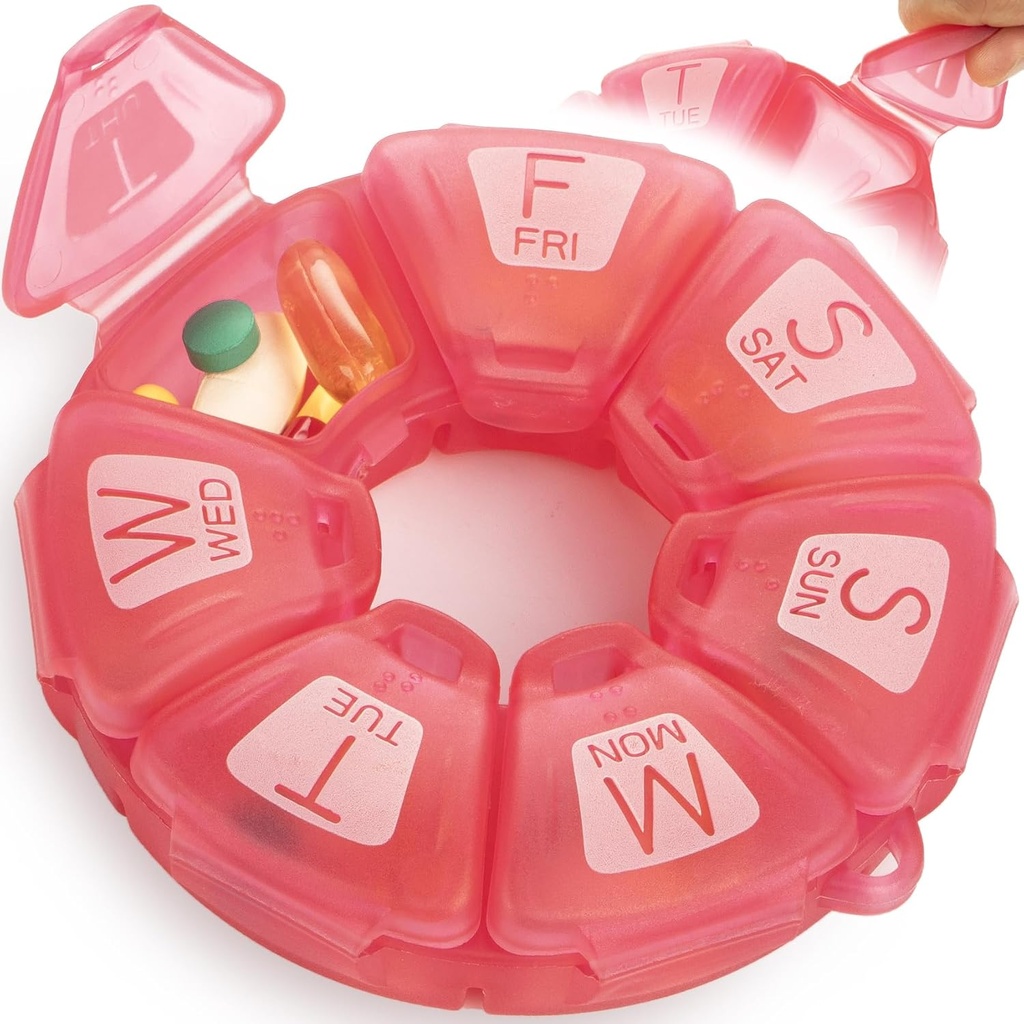Round Weekly Pill Organizer, TPU Καουτσούκ, Travel Pill Container 7 Ημέρα, με 7 μεγάλα διαμερίσματα, Μεγάλη για την καθημερινή Βιταμίνες & Συμπληρώματα, Χαριτωμένη θήκη χάπι με μεγάλα γράμματα και Braille (Rose)