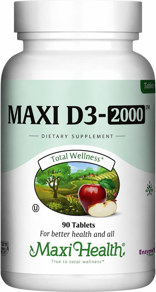 Maxi Health Vitamin D3 2000IU Tablets – Immune Support, Bone Health, and Muscle Function – Vitamin D 2000 IU Supplement for Adults – Kosher, Easy-to-Swallow, 90 Tablets