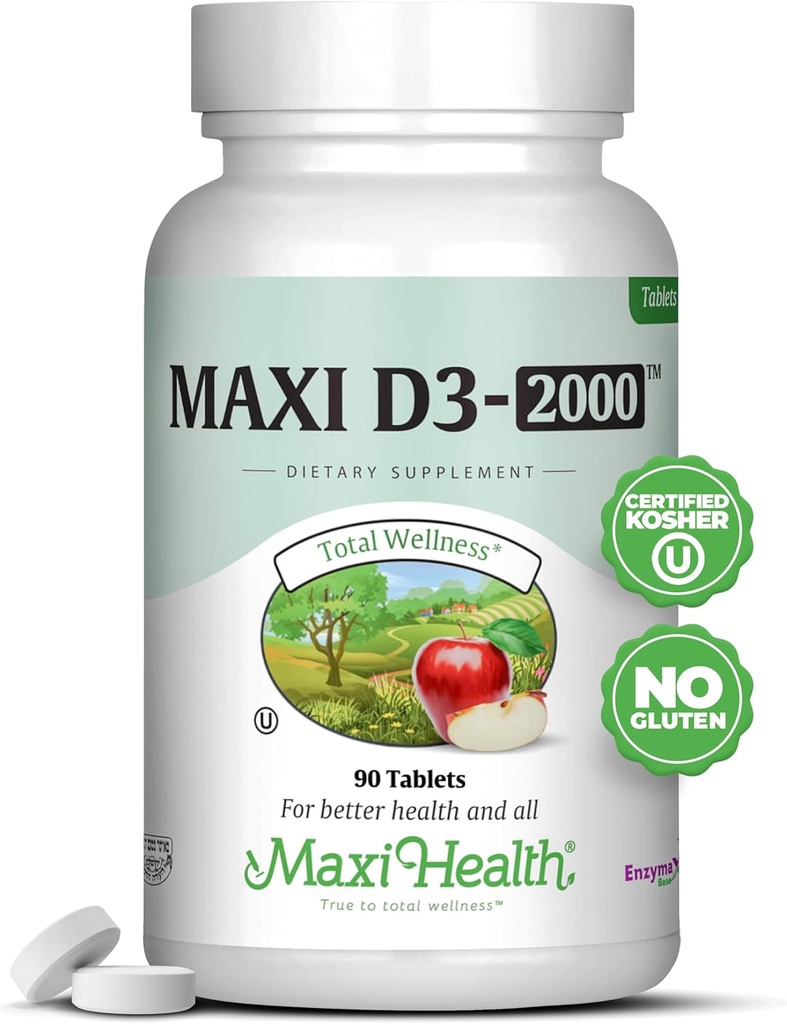 Maxi-Health Βιταμίνη D3 2000 IU - Για υγιή μυϊκή λειτουργία, υγεία των οστών και ανοσοποιητική υποστήριξη – 90 δισκία – Best Kosher συμπλήρωμα για ενήλικες