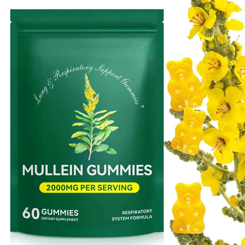 Mullein Gummies για το Lung Detox, 2000mg Mullein Leaf Extract για την αναπνευστική & πνευστική & ανοσοποιητική υποστήριξη, Βιολογικό συμπλήρωμα βοτάνων Mullein για την ανακούφιση των βλεννογόνων για το αναπνευστικό, ανοσοποιητικό, Vegan 60 Gummies