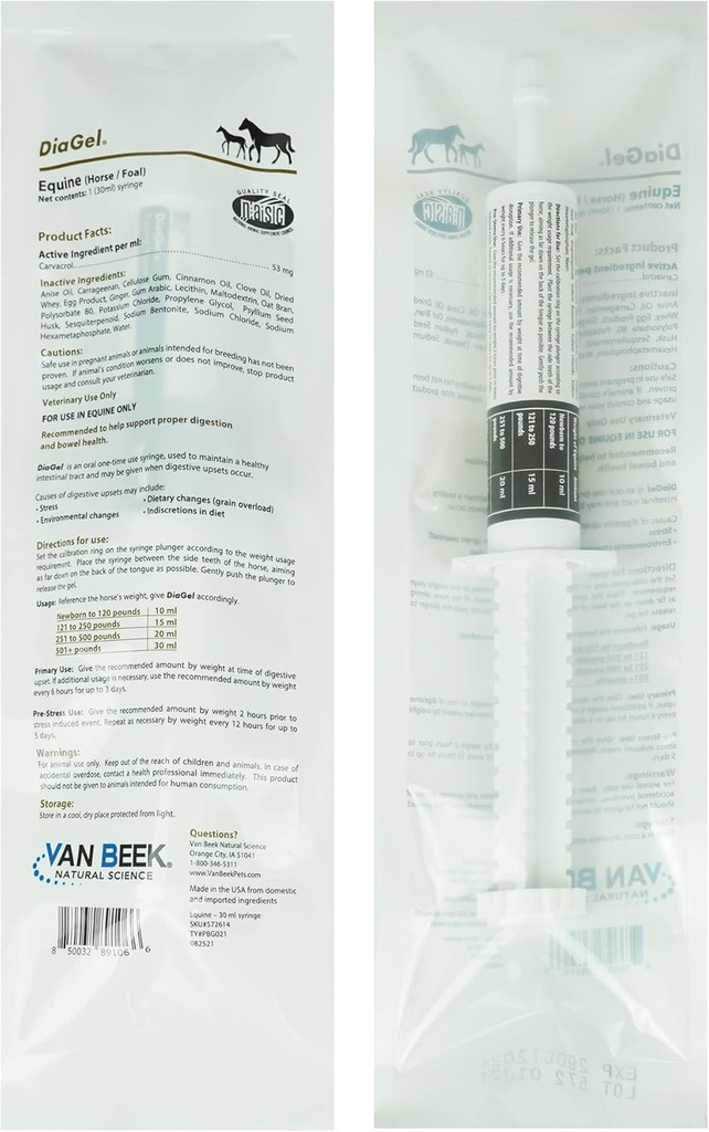 DiaGel για το Equine - Orally Administered Gel για περιστασιακά Loose Stools και Digestive Upset - Φυσικά προϊόντα για άλογα - Van Beek Natural Science