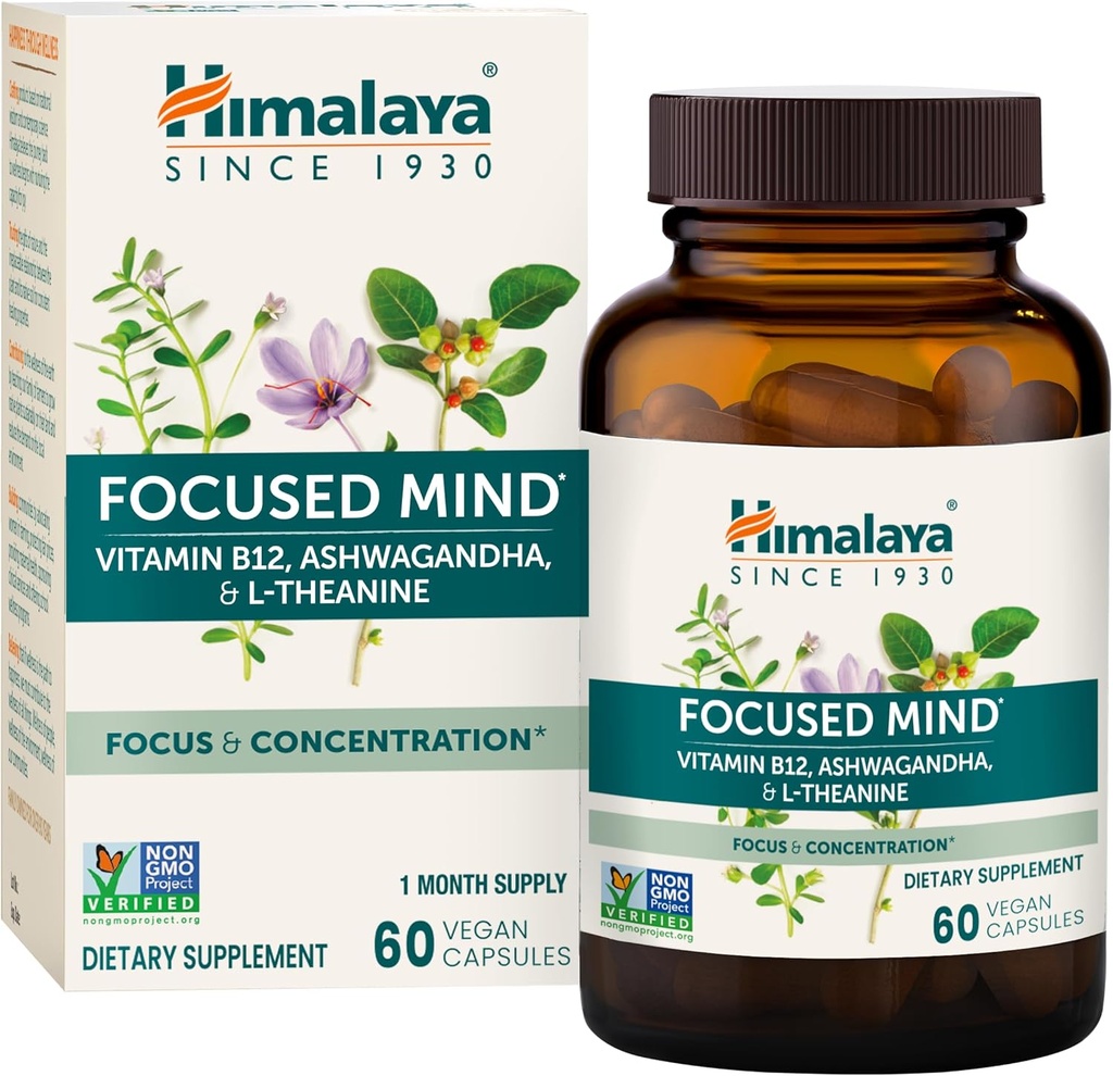 Himalaya Focused Mind with Ashwagandha, Bakopa & L-Θεανίνη για Εστίαση, Ενέργεια και Προσοχή, 60 κάψουλες, 1 Μήνα Προμήθεια, Vegan, Χωρίς Γλουτένη