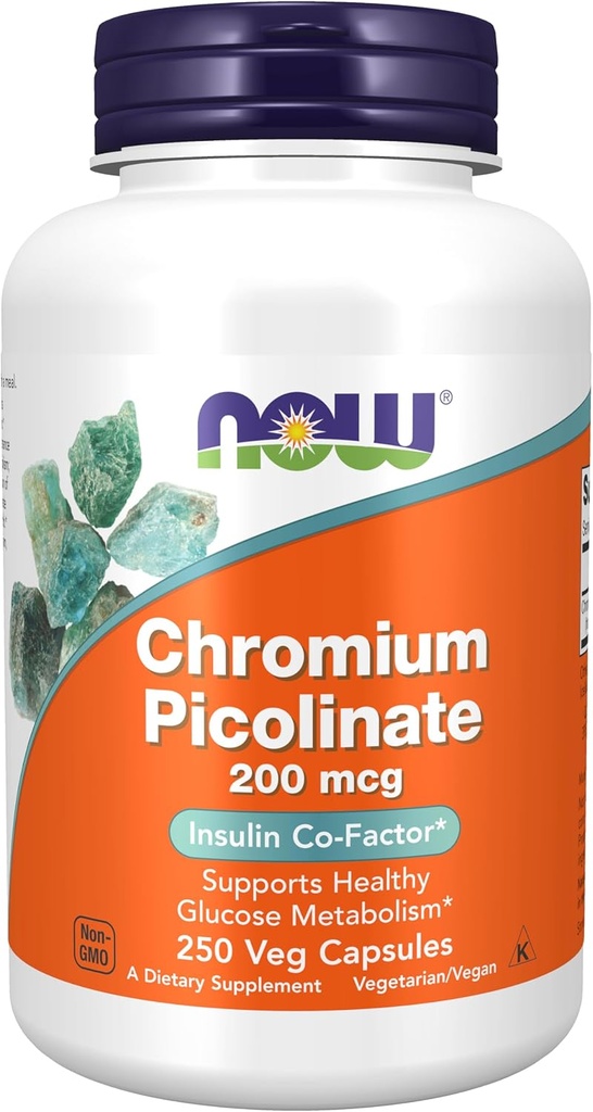 NOW Συμπληρώματα Τροφίμων, Chromium Picolinate 200 mcg, Insulin Co-Factor *, 250 Veg Κάψουλες