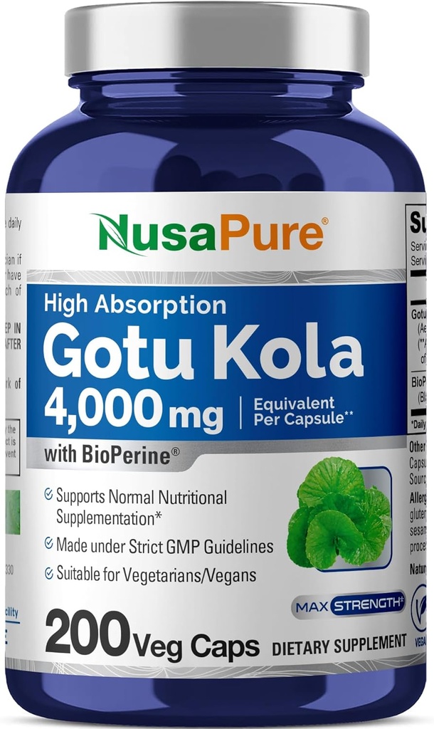 NusaPure Gotu Kola Κάψουλες 20:1 Εκχύλισμα, 200 mg Ισοδύναμο με 4000mg Per Veggie Caps, 200 Count, Non-GMO, Vegan, Bioperine - Traditional Herb Extract