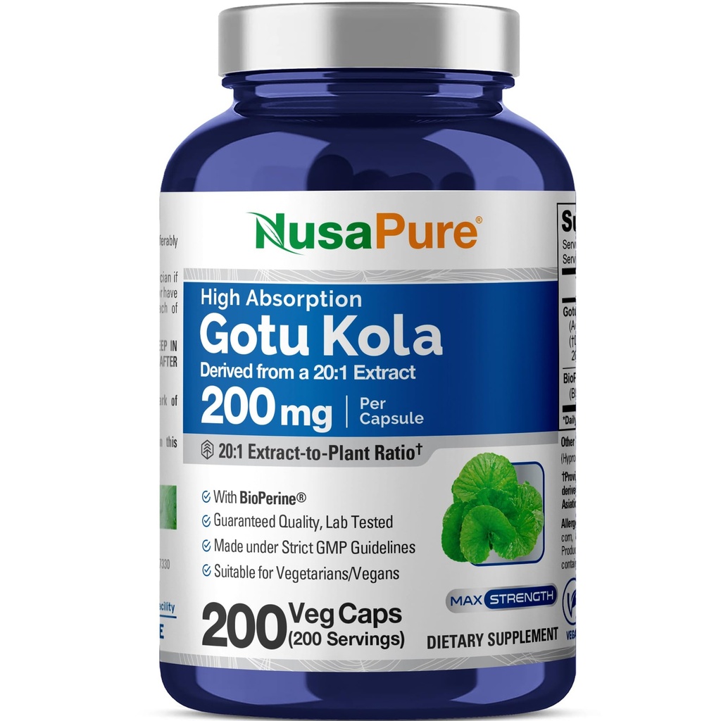 NusaPure Gotu Kola Κάψουλες 20:1 Εκχύλισμα, 200 mg Ισοδύναμο με 4000mg Per Veggie Caps, 200 Count, Non-GMO, Vegan, Bioperine - Traditional Herb Extract
