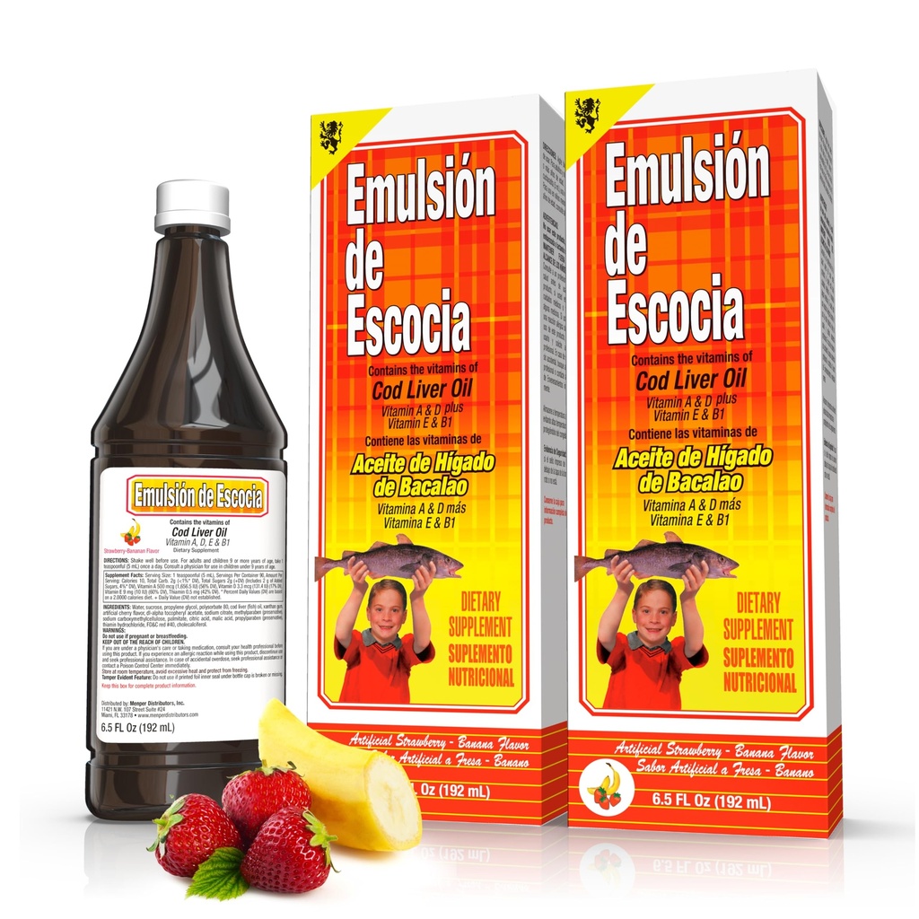 Emulsión de Escocia Cod Liver Oil Liquid Supplement with Vitamins A, D, E & B1 - Φυσικό ιχθυέλαιο Ωμέγα 3 για Παιδιά & Ενήλικες - Νοστιμότατο άρωμα μπανάνας φράουλας - 6,5 oz (2-Pack)