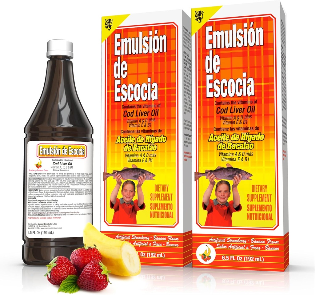 Emulsión de Escocia Cod Liver Oil Liquid Supplement with Vitamins A, D, E & B1 - Φυσικό ιχθυέλαιο Ωμέγα 3 για Παιδιά & Ενήλικες - Νοστιμότατο άρωμα μπανάνας φράουλας - 6,5 oz (2-Pack)