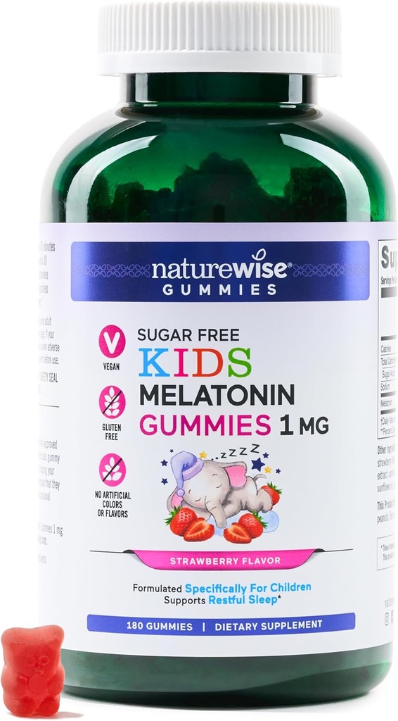 NatureWise Kids Melatonin 1 mg Sugar-Free Gummies for Children Ηλικίες 4 & Up - Non-Habit Forming Sleep Aid - Φράουλα Γεύση - Vegan, Χωρίς Γλουτένη, Μη ΓΤΟ - 180 Count[6-Month Supply]