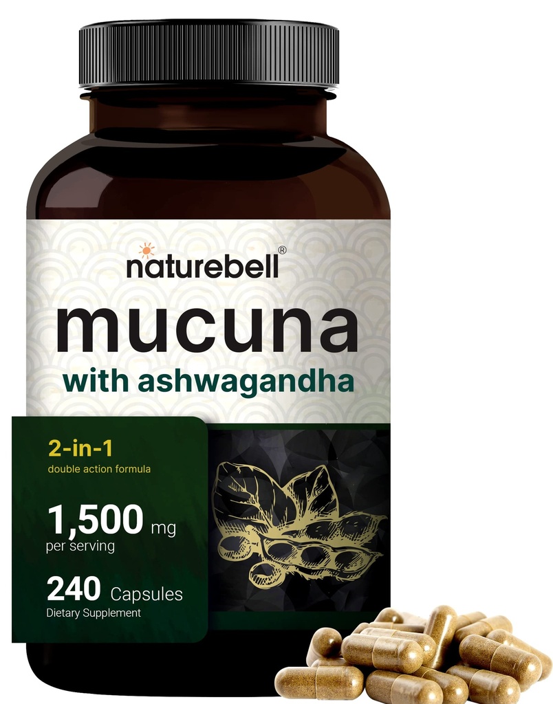Κάψουλες Mucuna Pruriens, Triple Strength 1500mg ανά υπηρεσία, 2 σε 1 Formula, Made with Mucuna και Ashwagandha, 240 κάψουλες, εκχύλισμα ισχυρών σπόρων, θετική διάθεση, χαλάρωση και αποκατάσταση υποστήριξης