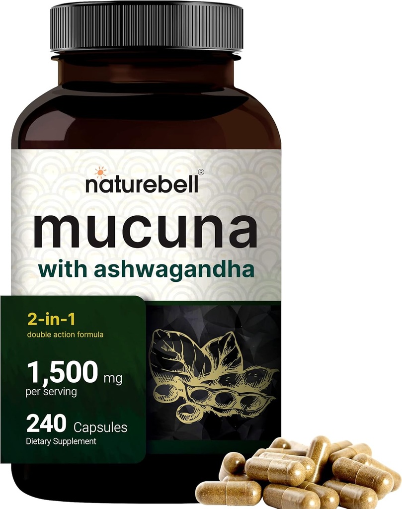 Κάψουλες Mucuna Pruriens, Triple Strength 1500mg ανά υπηρεσία, 2 σε 1 Formula, Made with Mucuna και Ashwagandha, 240 κάψουλες, εκχύλισμα ισχυρών σπόρων, θετική διάθεση, χαλάρωση και αποκατάσταση υποστήριξης